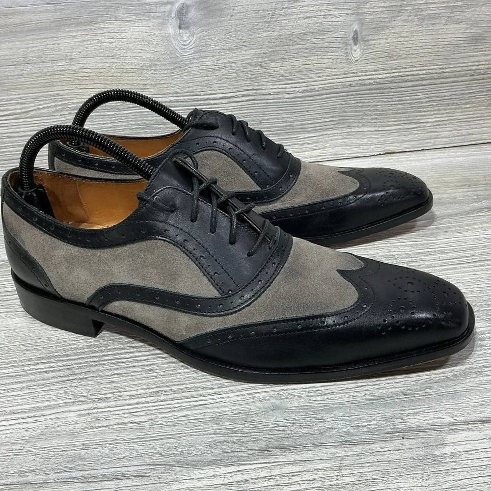 PAUL FREDERICK Italian Mens Black Gray Leather Oxford Shoes Size 8.5 M Italy